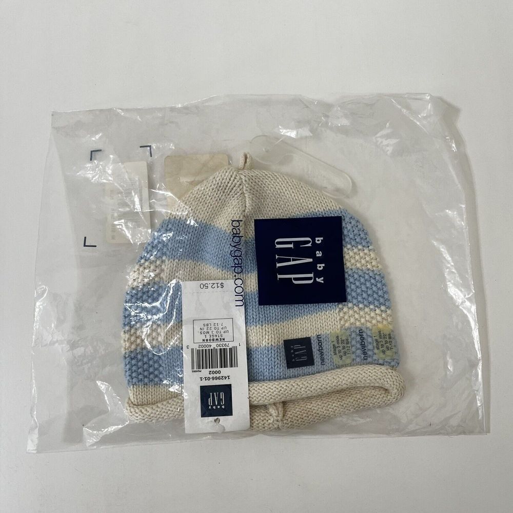 Vintage Baby Gap Blue Striped Sweater Hat Newborn Stage 1 Up to 3 Months NWT